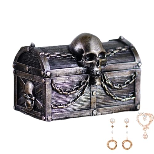 Totenkopf-Vintage-Schatz-Aufbewahrungsbox – Staubdichte Tisch-Schmuckschatulle Mit Deckel, Gothic-Piraten-Schmuckschatulle Mit Totenkopf- Und Kettendekoration, Geeignet Für Piraten-Partygeschenke von Generisch