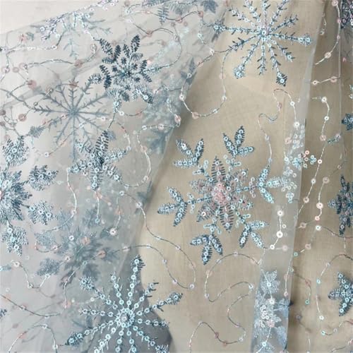 Tüllstoff mit Schneeflocken und Pailletten, bestickt, Netzstoff, Spitzenstoff zum Nähen von Kleid, blau, 130 cm x 91 cm von Generisch