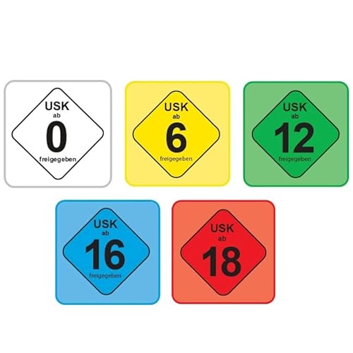 USK Aufkleber Starter-Set für Videospiele - USK 0, 6, 12, 16 und 18 - Jeweils 50 Stück aus PP-Folie 34,6 x 34,6 mm von Generisch