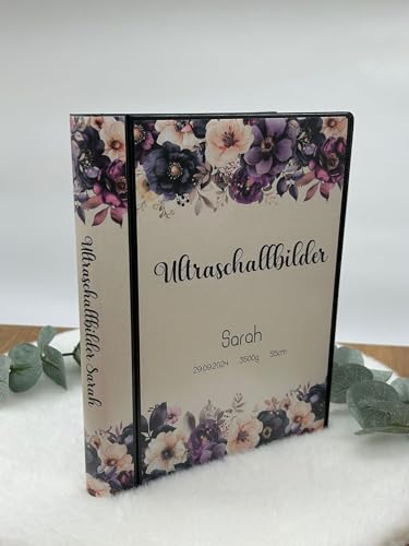 Ultraschallbilder Mappe Album personalisierbares Einsteckalbum stabiles Cover Erinnerungen Schwangerschaft Fotoalbum personalisierbar Blumen lila (20 bedruckte Vorlagen in den Hüllen) von Generisch