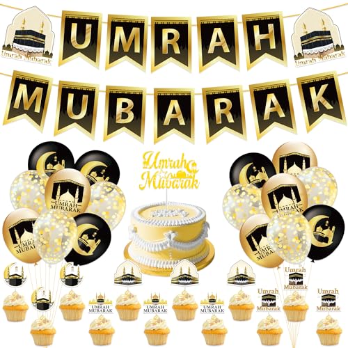 Umrah Mubarak Party Dekorationen Set, Islamische Party Supplies Enthält 2 Umrah Mubarak Banner, Cake Topper, 12 Cupcake Topper & 16 Luftballons, Gold & Schwarz Muslimische Events Decor Umrah Mubarak Party Dekorationen Set, Islamische Party Supplies Enthält 2 Umrah Mubarak Banner, Cake Topper, 12 Cupcake Topper & 16 Luftballons, Gold & Schwarz Muslimische Events Decor von Generisch