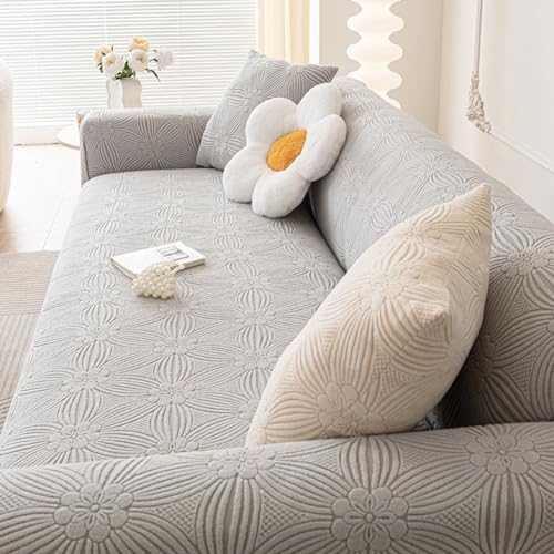 Universal Stretch Samt Sofabezug für 1-5 Sitzer, rutschfestes Design, dicker Plüschstoff, dekorativer Sofaschoner, hellgraue Farbe, stilvolles Muster von Generisch