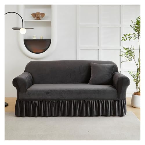 Universeller Stretch-Sofabezug mit Rock, eleganter waschbarer Couchschutz für Wohnzimmer, Büro, Hotel (Dunkelgrau, Doppelsitzer) – weicher Samtstoff von Generisch