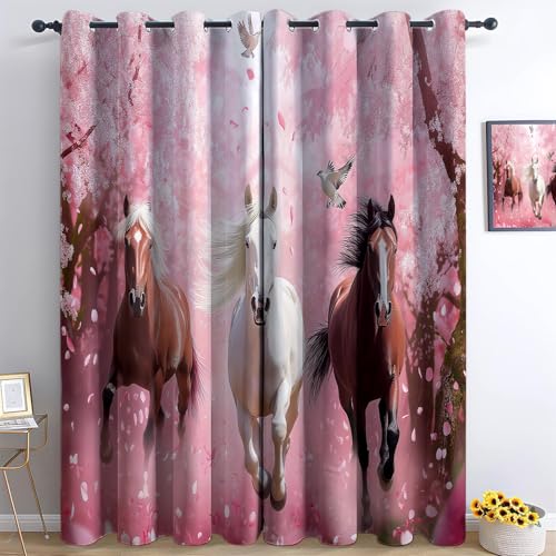 Verdunkelungsvorhänge 3D Fotografie Weißes Pferd Kirschblüten Ösen Vorhang 2Er Set 215 x 110 cm Verdunkelungsvorhang Blickdicht Fenstergardinen Kinderzimmer Schlafzimmer Wohnzimmer Thermovorha von Generisch