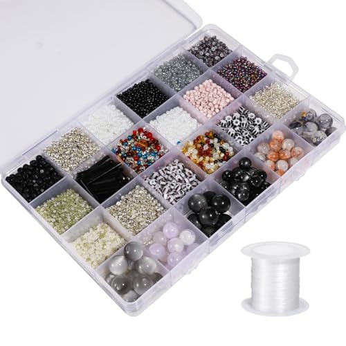 Verschiedene Glasperlen, schwarzes Schmuckset, 24 Gitter mit transparenter Aufbewahrungsbox zum Basteln von Halsketten und Armbändern Verschiedene Glasperlen, schwarzes Schmuckset, 24 Gitter mit transparenter Aufbewahrungsbox zum Basteln von Halsketten und Armbändern von Generisch