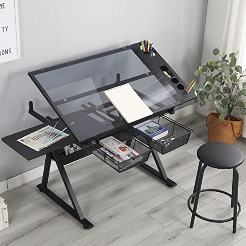 Verstellbarer Glas-Zeichentisch mit Stuhl und Schubladen, moderner multifunktionaler Kunstschreibtisch für Künstler, Bastelstation, Heimbüro und Schule, geneigte Oberseite für verbessertes Verstellbarer Glas-Zeichentisch mit Stuhl und Schubladen, moderner multifunktionaler Kunstschreibtisch für Künstler, Bastelstation, Heimbüro und Schule, geneigte Oberseite für verbessertes von Generisch