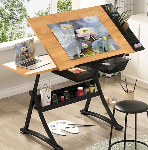 Verstellbarer Holz-Zeichentisch mit Hocker, 80° neigbar, Kunst-Basteltisch, Zeichenarbeitsplatz für Grafikdesign & Schreiben, schwarz, mit Seitenablage Verstellbarer Holz-Zeichentisch mit Hocker, 80° neigbar, Kunst-Basteltisch, Zeichenarbeitsplatz für Grafikdesign & Schreiben, schwarz, mit Seitenablage von Generisch