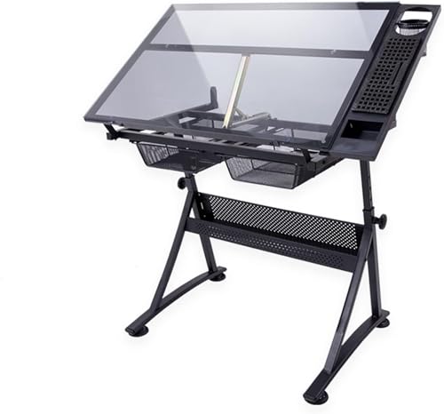 Verstellbarer Zeichentisch mit 80° neigbarer Tischplatte aus gehärtetem Glas, Künstlerschreibtisch mit 2 Schubladen, perfekter Kunsttisch für Erwachsene und Profis, ideal zum Zeichnen und Gestalten Verstellbarer Zeichentisch mit 80° neigbarer Tischplatte aus gehärtetem Glas, Künstlerschreibtisch mit 2 Schubladen, perfekter Kunsttisch für Erwachsene und Profis, ideal zum Zeichnen und Gestalten von Generisch