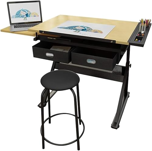 Verstellbarer Zeichentisch mit Aufbewahrung, neigbarer Kunstschreibtisch, Ahornplatte, Basteltisch für Erwachsene, vielseitiges Zeichenstudio-Möbel, perfekt für Künstler und Designer von Generisch