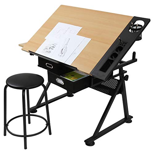 Verstellbarer Zeichentisch mit Aufbewahrung, neigbarer Kunstschreibtisch für Erwachsene, Ahornplatte, Basteltisch, vielseitige Zeichenstation für Künstler von Generisch