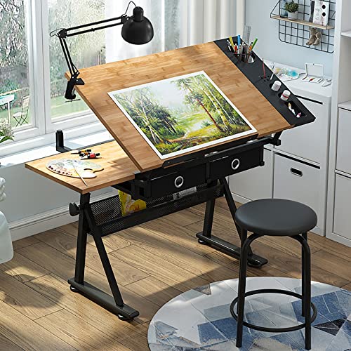 Verstellbarer Zeichentisch mit Hocker, Bambus/Massivholz, Kunstschreibtisch, neigbar, Zeichentisch mit Stauraum und Schubladen, perfekt für Künstler und Designer von Generisch
