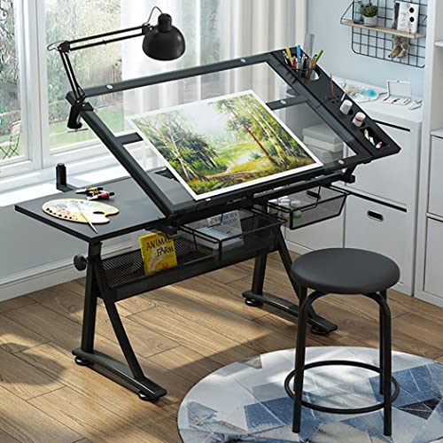 Verstellbarer Zeichentisch mit Hocker, Tischplatte aus gehärtetem Glas, neigbares Design, 2 Schubladen, perfekter Kunstschreibtisch zum Zeichnen, Skizzieren, Lesen, Schreiben und für kreative Projekte Verstellbarer Zeichentisch mit Hocker, Tischplatte aus gehärtetem Glas, neigbares Design, 2 Schubladen, perfekter Kunstschreibtisch zum Zeichnen, Skizzieren, Lesen, Schreiben und für kreative Projekte von Generisch