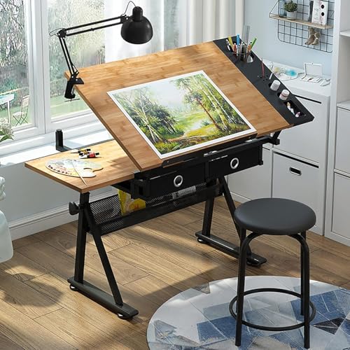 Verstellbarer Zeichentisch mit Hocker, neigbarer Bambus-Zeichentisch mit Stauraum und Schubladen, perfekt für Künstler und Designer, Kunstarbeitsplatz für Zuhause und Studio Verstellbarer Zeichentisch mit Hocker, neigbarer Bambus-Zeichentisch mit Stauraum und Schubladen, perfekt für Künstler und Designer, Kunstarbeitsplatz für Zuhause und Studio von Generisch