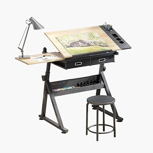 Verstellbarer Zeichentisch mit Stauraum – neigbarer Kunstschreibtisch zum Malen und Zeichnen, Ahorn-Panel-Design, ideal für Handwerk und Künstler, perfekt für Home Office & Studio von Generisch