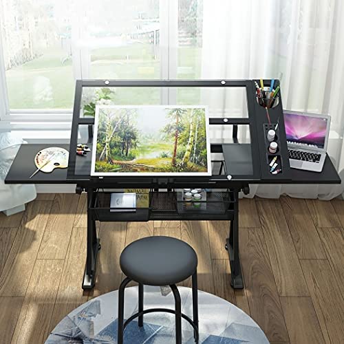 Verstellbarer Zeichentisch mit Tischplatte aus gehärtetem Glas, höhenverstellbar & neigbar, Kunstschreibtisch, perfekt für Künstler und Designer, inklusive 2 Staufächern von Generisch
