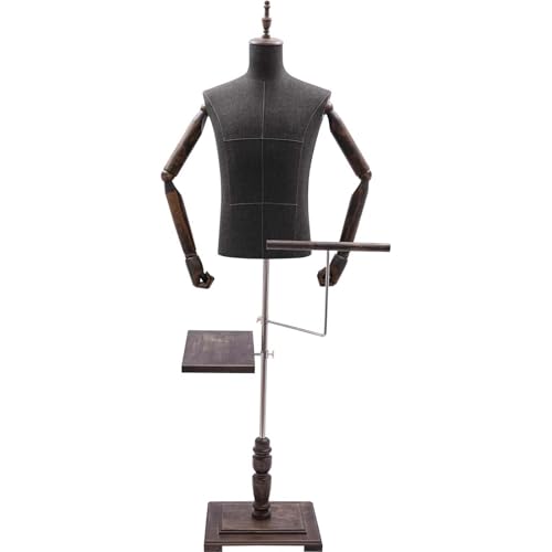 Verstellbarer männlicher Mannequin-Torso mit Holzarmen und Metallständer, abnehmbarer Hosenständer, Schuhhalter für Bekleidung, Einzelhandel, Nähdisplay von Generisch