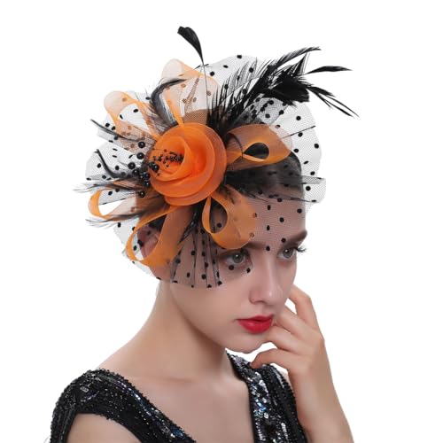 Vintage-Fascinator-Hut mit Federn, Blumen, für Damen, Haarschmuck, Hochzeit, Party, Netzstoff, Schleier, schwarz / orange, Einheitsgröße von Generisch