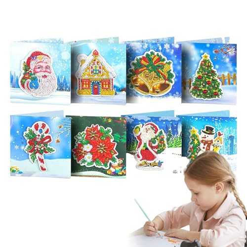 Vintage Weihnachtskarten, 8 Stück Handgemachte Karten Malerei Kit, Urlaub Postkarte, Runde Bohrer Kristall Kunst Kristall Malerei Karten für Geburtstag Weihnachten von Generisch