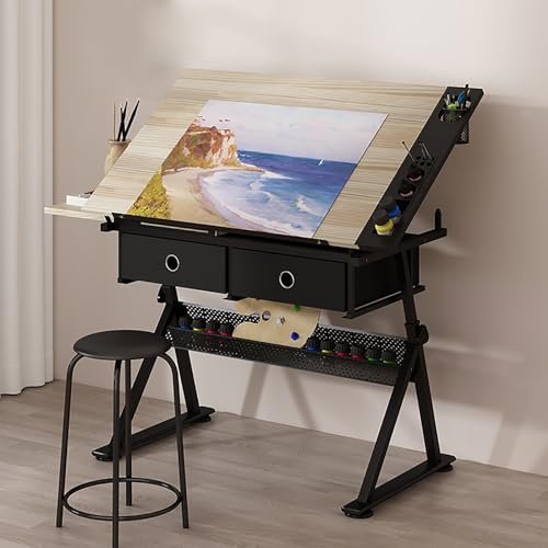 Vintage Zeichentisch und Hocker, höhenverstellbar (26,8-35,8), 0°-80° geneigte Oberseite, ideal für Zeichnen, Heimbüro, Schule, Arbeitszimmer Arbeitsplatz von Generisch