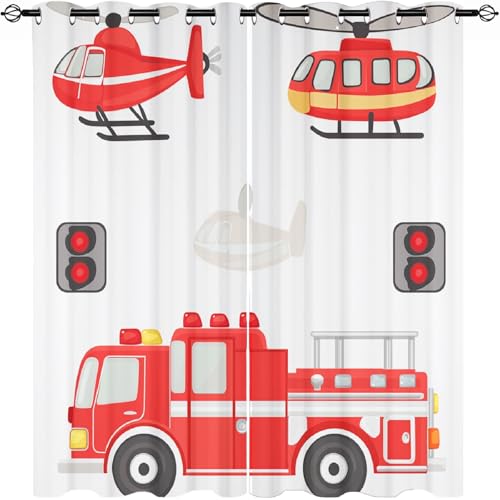 Vorhänge Blickdicht mit Ösen Cartoon-Feuerwehrauto-Druck Verdunklungsvorhänge Kinderzimmer Vorhang H225 x B140 cm (2er Pack) Weiß Gardinen für Schlafzimmer Schlafzimmer Fensterdekoration von Generisch