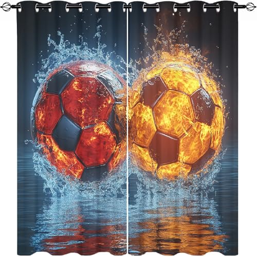 Vorhänge Blickdicht mit Ösen Sport FußBall Verdunklungsvorhänge Kinderzimmer Vorhang H215 x B110 cm (2er Pack) Golden Red Gardinen für Schlafzimmer Schlafzimmer Fensterdekoration von Generisch