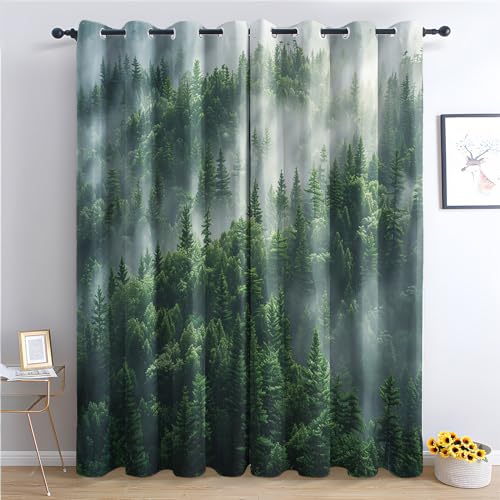 Vorhänge Nebeliger Wald Muster - Grün Baum Fenster Gardinen mit Ösen, Vorhang Blickdicht Verdunklungsvorhänge Thermovorhang für Wohnzimmer Schlafzimmer Deko 2er Set, H 220 x B 140 cm S-&294 von Generisch