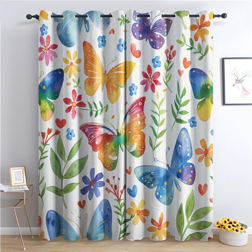 Vorhänge Schmetterling - Mädchen Bunt Blumen Fenster Gardinen mit Ösen, Vorhang Blickdicht Verdunklungsvorhänge Thermovorhang für Wohnzimmer Schlafzimmer Deko 2er Set, H 160 x B 140 cm H-#74 von Generisch