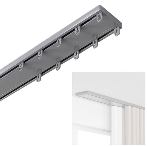 Vorhangschiene aus Aluminium, Doppelschiene Mit Montagezubehör 1.5m 1.9m 2m 2.8m 3.2m 3.6m 3.8m 4.5m 5m 5.5m DeckenGardinenschiene für Fenster-Raumteiler Schlafzimmer Wohnzimmer(Grey,1.9m) von Generisch