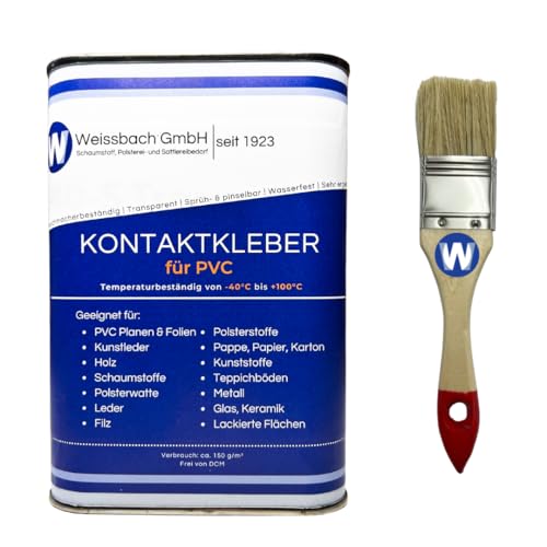 WEISSBACH PVC Kleber Plane Kontaktkleber Kunstleder extra stark 1000 ml Transparent Kleber für Planen Weich PVC Dachhimmel Kunstleder Wasserfest ink. Pinsel von Generisch