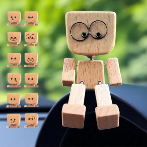 Wackelfigur Auto,Schüttelnde Holzmann-Figur,Charmante Kleine Holzfigur,Die Mit 12 Magnetischen Ausdrücke,Handgefertigte Actionfigur Als Auto Ornaments,Wackelkopf-Auto-Armaturenbrett-Dekors (1set) von Generisch