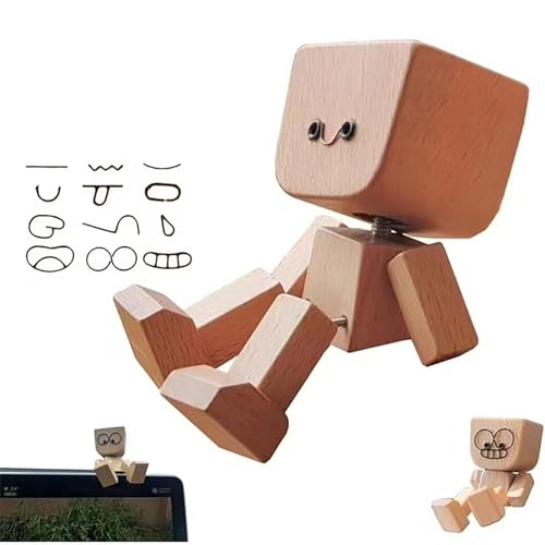Wackelfüße Holzfigur,Handgefertigte Holzpuppe mit Wackelfüßen Holz-Auto-Ornamente Austauschbare Magnetisch, 12 Gesichtsausdrücke Armaturenbrett, Schreibtisch & Regal Holzfigur Geschenk von Generisch