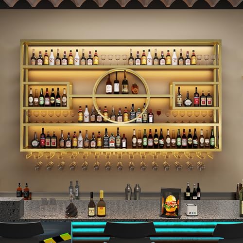 Wandmontiertes Metall-Weinregal mit Glashalter, schwimmendes Barregal, LED-beleuchtetes Eisen-Likör-Display-Rack für Küchendekoration von Generisch
