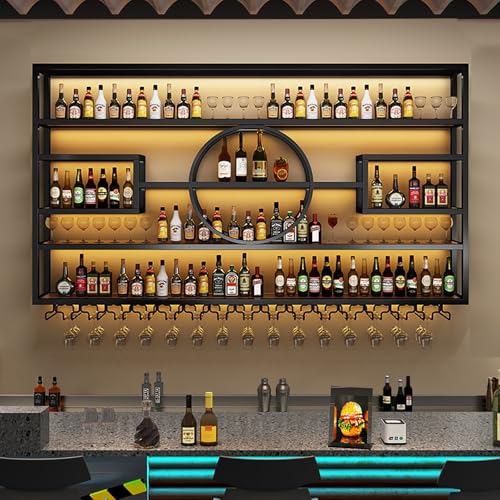 Wandmontiertes Weinregal aus Metall mit Glashalter, schwimmendes Barregal, Eisen-Likör-Display-Rack mit LED-Beleuchtung für Küchendekoration von Generisch