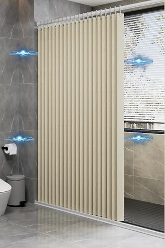Wasserdichter Duschvorhang mit Magnetverschluss – Verdunkelungsvorhang aus Polyester mit Ösen & Riemen für Badewanne Schlafzimmer Wohnzimmer (Beige 200 x 200 cm) von Generisch