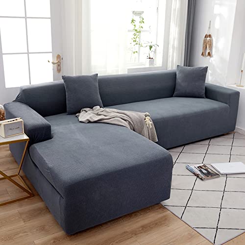 Wasserdichter Stretch-Sofabezug mit Chaiselongue, weicher Plüschstoff, modernes Design, leicht zu reinigen, Dunkelgrau, 3-Sitzer (190 x 230 cm) für Wohnzimmermöbel von Generisch