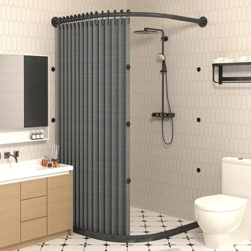 Wasserdichtes, faltbares Duschvorhang-Set, robuste Leinenstruktur mit Magnetverschluss, Trocken- und Nasstrennung für Badezimmer und Ankleidezimmer, Schwarz und Grau, 90 x 100 cm von Generisch