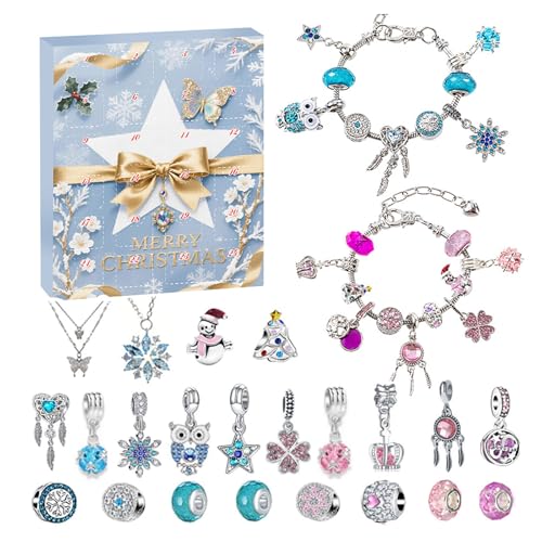 Weihnachts Adventskalender Armbänder 2025, 24 Tage Weihnachts Countdown-Kalender, DIY Schmuckherstellungsset, 22 Charm-Perlen 2 Armbänder (Hellblau) von Generisch