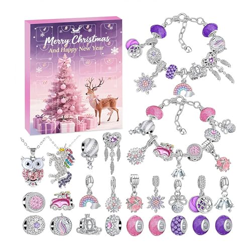 Weihnachts Adventskalender Armbänder 2025, 24 Tage Weihnachts Countdown-Kalender, DIY Schmuckherstellungsset, 22 Charm-Perlen 2 Armbänder (rosa) von Generisch