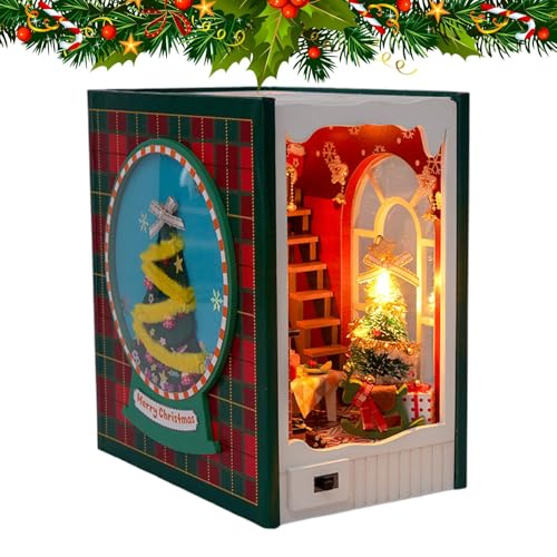 Weihnachts-Buchecke, Buchecken-Set, dekoratives Miniatur-Buchstützen-Set, Bücherregal-Einsatz, Miniaturhaus-Set mit LED-Licht, Holzbuchecke für Wohnzimmer, Schlafzimmer, Dekoration von Generisch