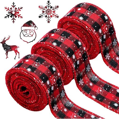 Weihnachtsband mit Draht, Büffelkariertes Weihnachtsband, rotes und schwarzes Büffelkariertes Band, verdrahtetes Weihnachtsband, Büffelkariertes Juteband, Weihnachtsbaumschmuckband, 6,4 cm Weihnachten von Generisch