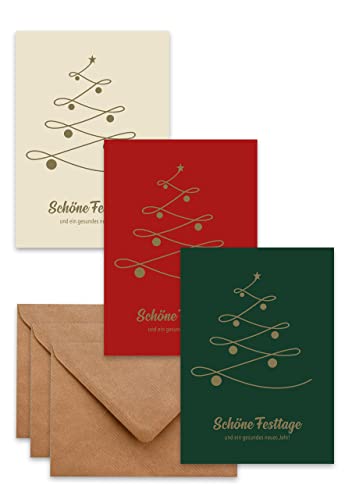 Weihnachtskarten mit Umschlag (15er Set) Baum Mix – hochwertige moderne Klappkarten & Umschläge (Kraftpapier) – partieller Goldlack – einzigartiges Design von Generisch