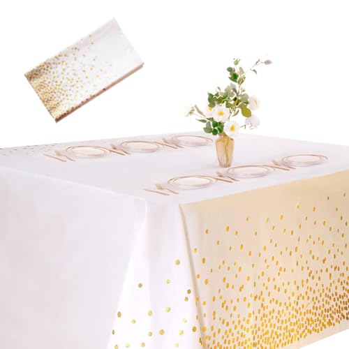 Party Tischdecken Weiß und Gold Dot Kunststoff Tischdecke Punkten Geburtstagsdeko Rechteckig Tischtuch Kunststoff Tischdecke Weiß Einweg Tischdecke mit Gold Gepunktete für Picknick Grillen Hochzeiten von Generisch