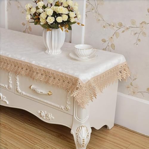 Weiße rechteckige Tischdecke, 40 x 290 cm, Spitze bestickt, Abdeckung für TV-Schrank, Klavier, Staubschutz, elegantes europäisches Design, Stoff, perfekt für Heimdekoration von Generisch