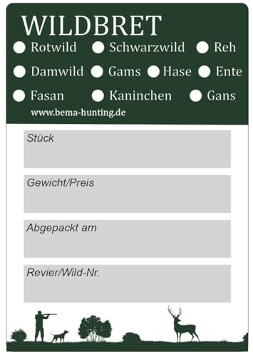 Wildbret Etiketten | 10x7 cm | 100 Stück | Jagdaufkleber | Tiefkühlaufkleber | Rotwild, Schwarzwild, Reh, Damwild, Gams, Hase, Ente, Fasan, Kaninchen, Gans von Generisch