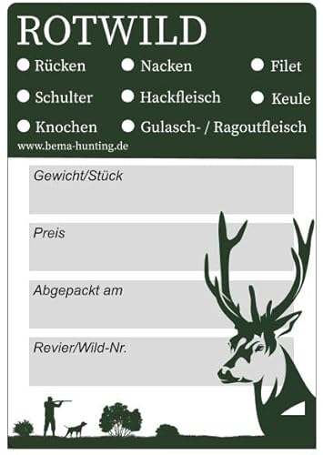 Wildbret Etiketten für erlegtes Rotwild | 10x7 cm | 100 Stück | Jagdaufkleber | Etiketten | Rücken, Schulter, Knochen, Nacken, Hackfleisch, Filet, Keule, Gulasch-/Ragoutfleisch | Wild | Jagdzubehör Wildbret Etiketten für erlegtes Rotwild | 10x7 cm | 100 Stück | Jagdaufkleber | Etiketten | Rücken, Schulter, Knochen, Nacken, Hackfleisch, Filet, Keule, Gulasch-/Ragoutfleisch | Wild | Jagdzubehör von Generisch