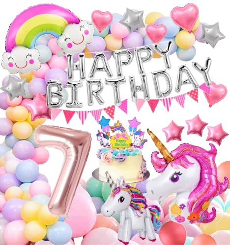 XXL Einhorn Unicorn Set Girls 7 Jahre Mädchen Deko Pastell 7. Party Deco ballon Rosegold 7 100 cm Rainbow Folienballon Pink Banner 7 Kindergeburtstag herz stern Girlande unicorn Birthday (Zahl 7) von Generisch