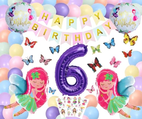 XXL Girls 6 Jahre Mädchen Geburtstag Dekoration Riesen Zahl 6 Lila Folienballon Ballon Feen Geburtstags Party Schmetterling Butterfly Fairy Deko 6 Happy Birthday Fee Dekoration (Zahl 6) von Generisch