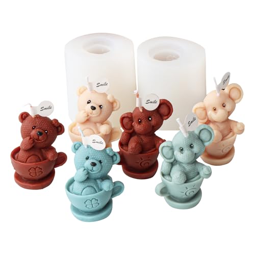 Xidmold 2 Stück Tasse Elefant Bär Kerzenform 3D Tier Elefant Bär Silikonform für Fondant, Sojawachs Kerzen, Seife, Gips, Epoxidharz, Handwerk von Generisch