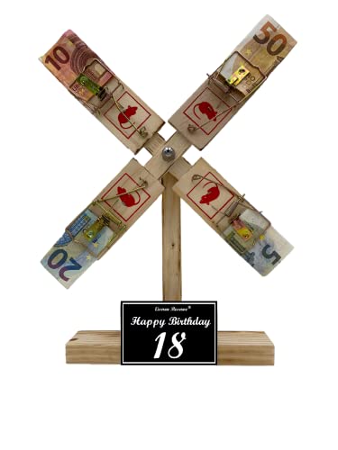 Originelle lustige Geldgeschenke zum 18. Geburtstag Geschenkideen für Männer und Frauen - Eiserne Reserve Windmühle - Geschenkverpackung aus Holz -s- Happy Birthday 18 von Genial-Anders