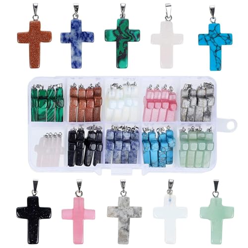 Genie Crafts Edelstein-Anhänger Kreuz (Set, 40 Stück) - Hübscher Schmuck, Edelstein-Kreuz - Ideal für Halskette, Armband, Schlüsselanhänger - 10 Verschiedene Farben, 3,3 x 1,7 x 0,4 cm - AUSVERKAUF von Genie Crafts